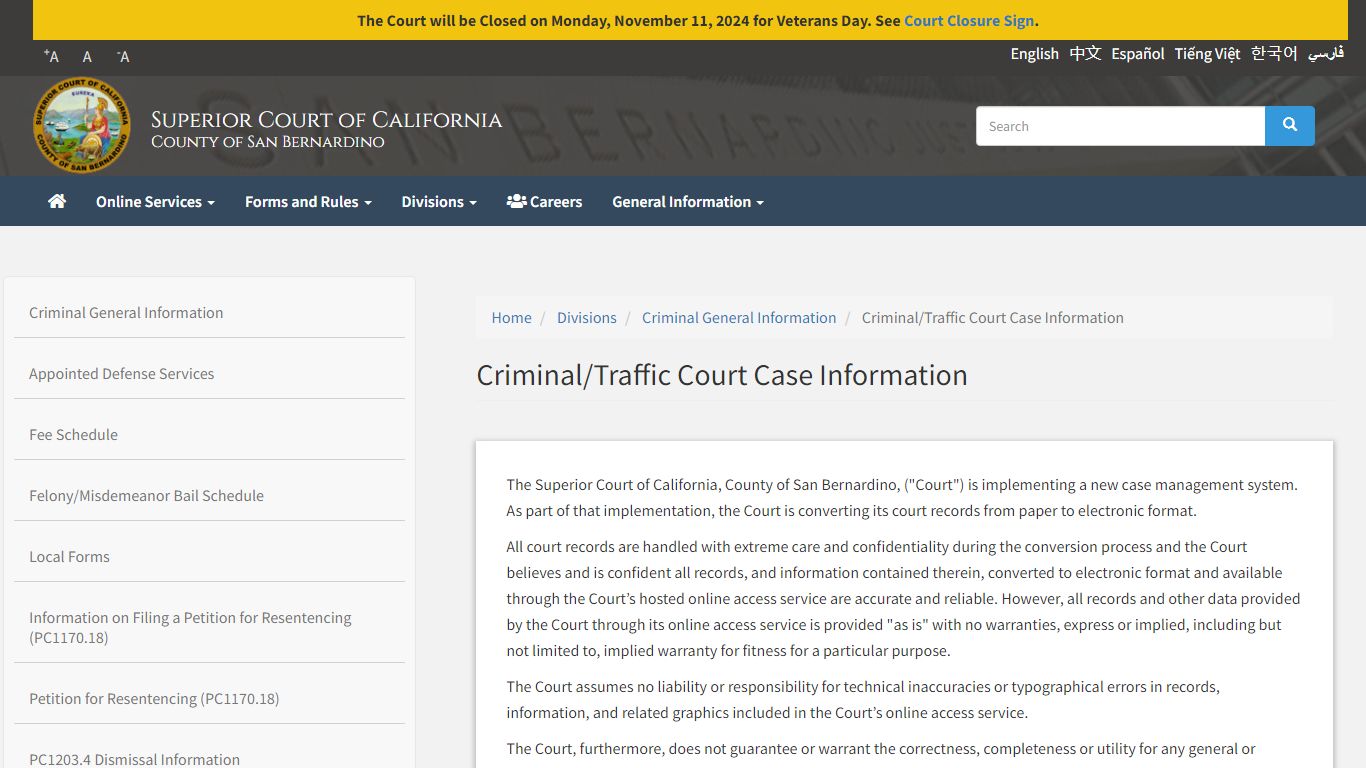 Criminal/Traffic Court Case Information